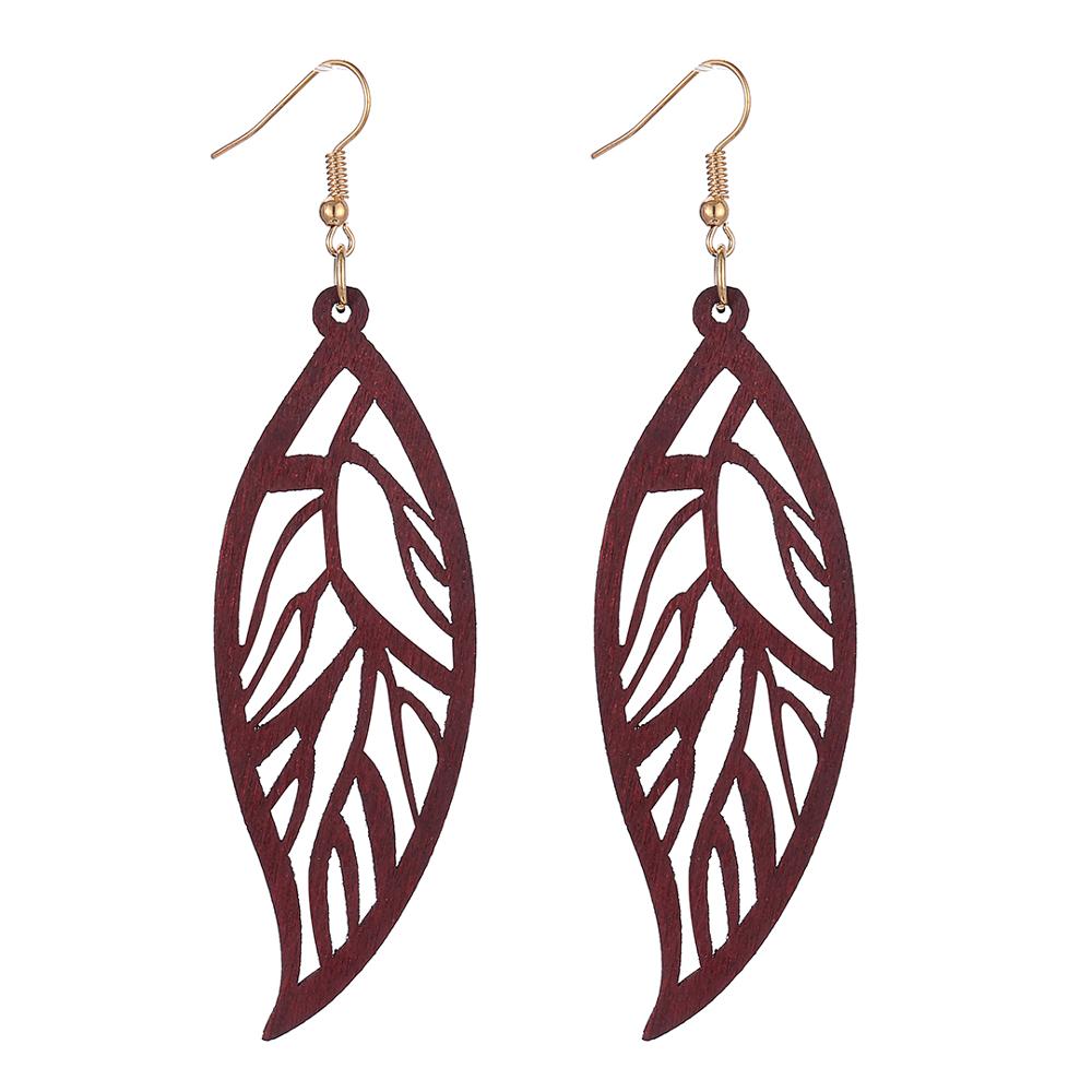 Boho Hollow Wood Pattern Leaf Pendant Earrings