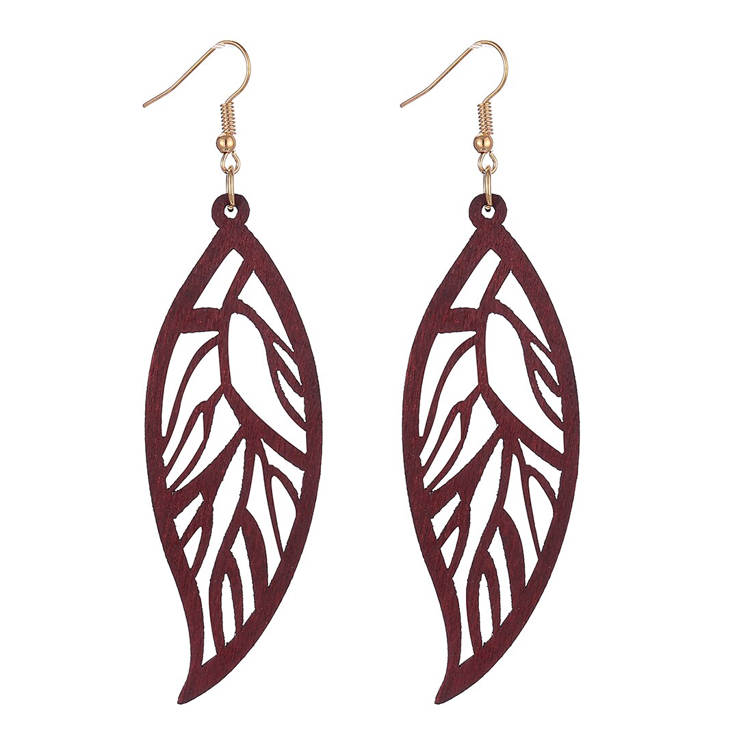 Boho Hollow Wood Pattern Leaf Pendant Earrings