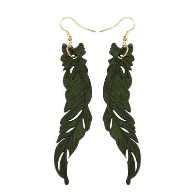 Natural Wooden Hollow Feather Earrings