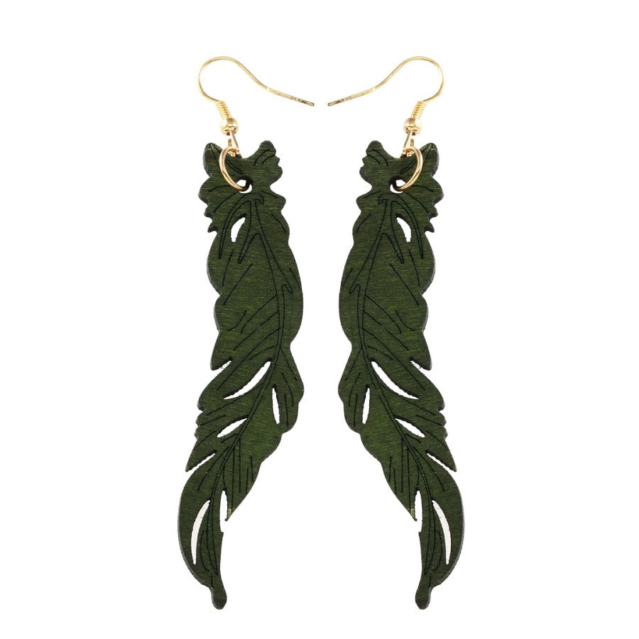 Natural Wooden Hollow Feather Earrings