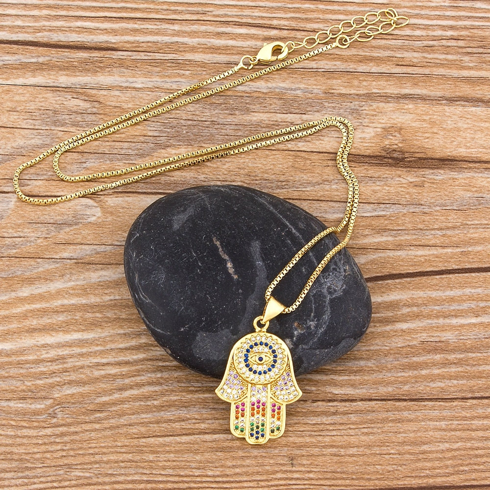 Hamsa Hand Necklace Gold Color Copper Zircon Evil Eye Pendant