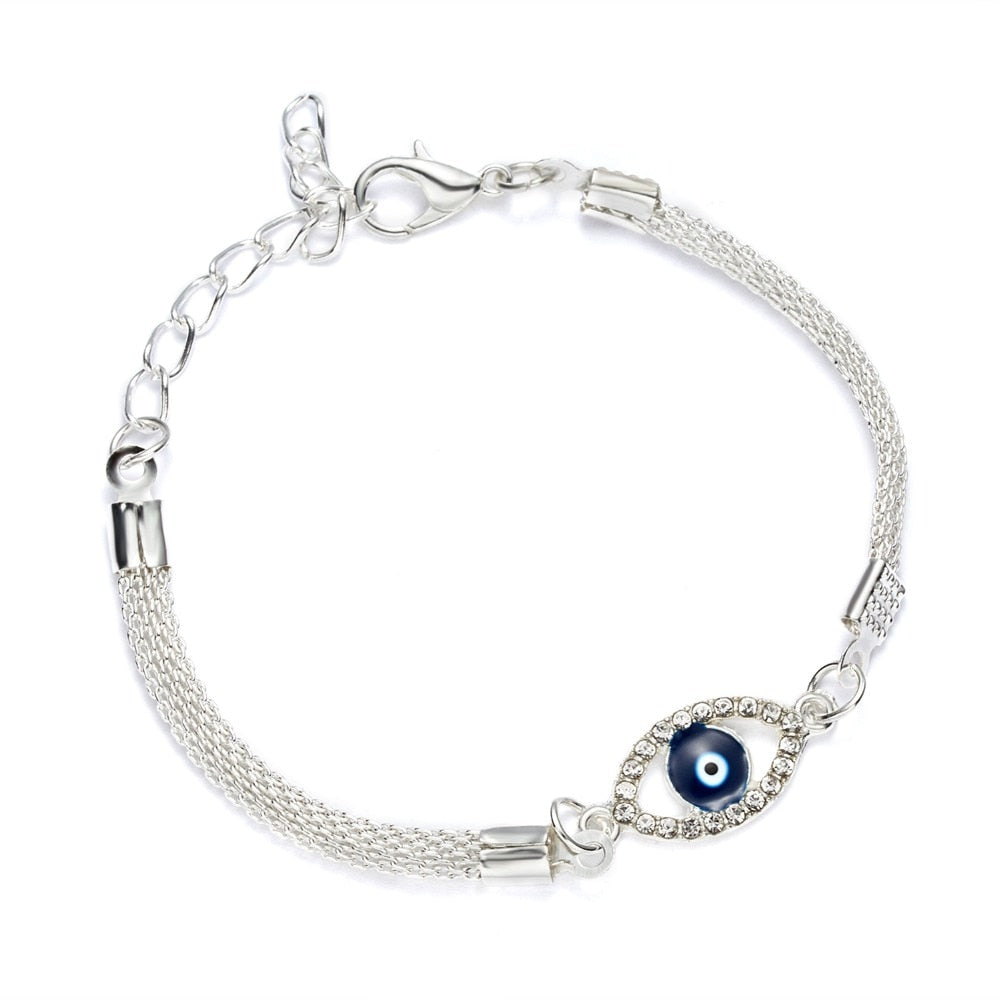 Luxury Silver Plated CZ Crystal Blue Evil Eye Bracelet Turkish Lucky Hand Heart Butterfly Charm Bracelet for Women Men Jewelry