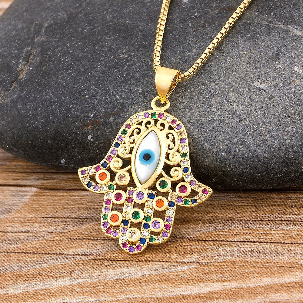 Hamsa Hand Necklace Gold Color Copper Zircon Evil Eye Pendant