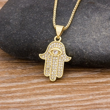 Hamsa Hand Necklace Gold Color Copper Zircon Evil Eye Pendant