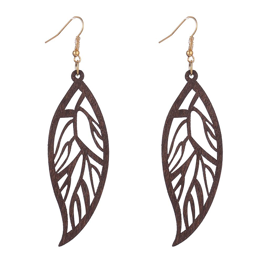 Boho Hollow Wood Pattern Leaf Pendant Earrings