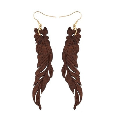 Natural Wooden Hollow Feather Earrings