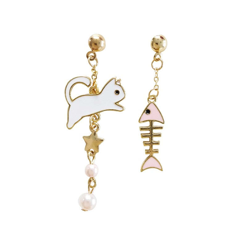 Fashion cat, fish bone asymmetry earrings