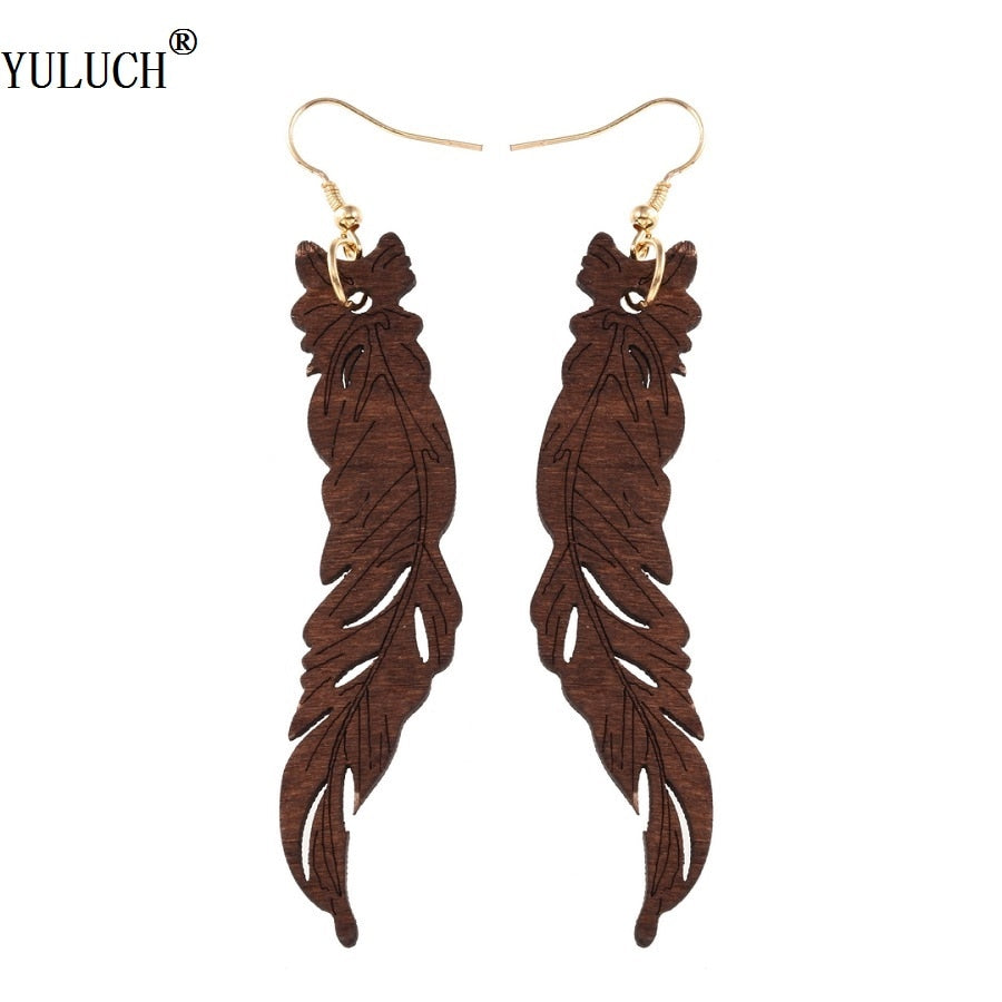 Natural Wooden Hollow Feather Earrings