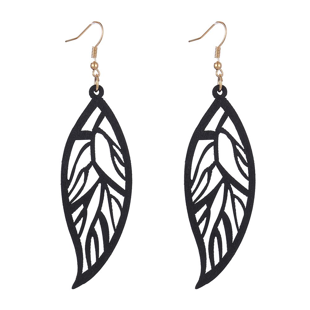 Boho Hollow Wood Pattern Leaf Pendant Earrings