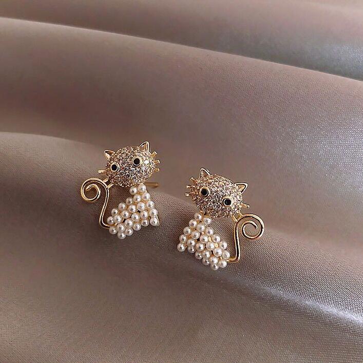 Pearl Jewelry Earrings Cat Shape