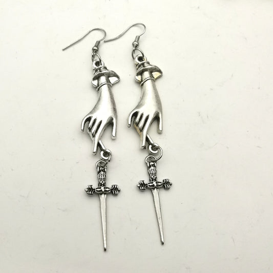 Gothic Medieval Witch Swords, Hand Earrings