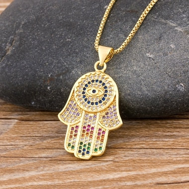 Hamsa Hand Necklace Gold Color Copper Zircon Evil Eye Pendant