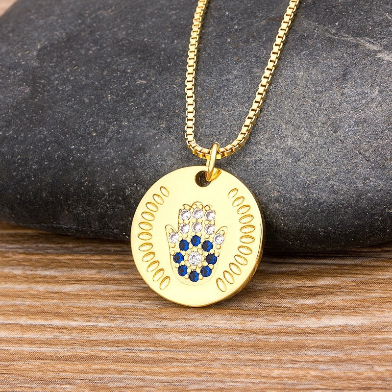 Hamsa Hand Necklace Gold Color Copper Zircon Evil Eye Pendant