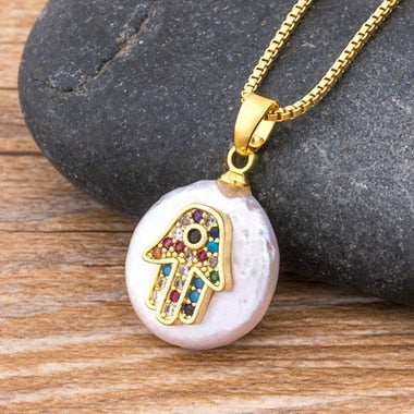 Hamsa Hand Necklace Gold Color Copper Zircon Evil Eye Pendant