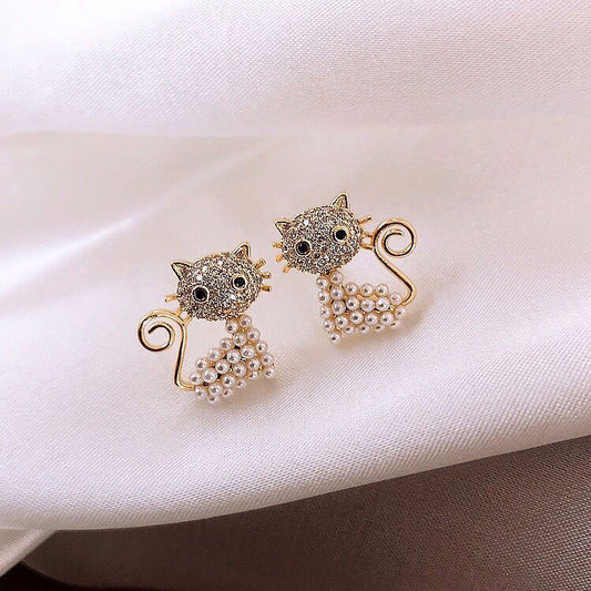 Pearl Jewelry Earrings Cat Shape
