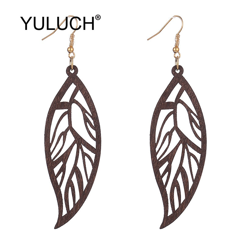 Boho Hollow Wood Pattern Leaf Pendant Earrings